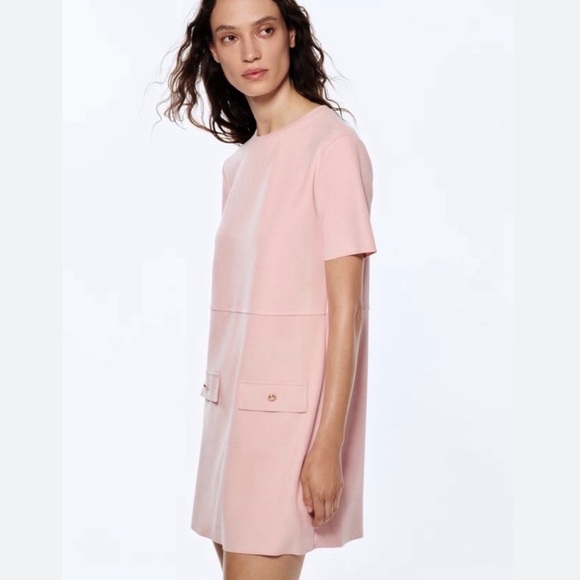 Zara Faux Suede Pink Mod Short Sleeve Shift Mini Dress - Picture 2 of 9